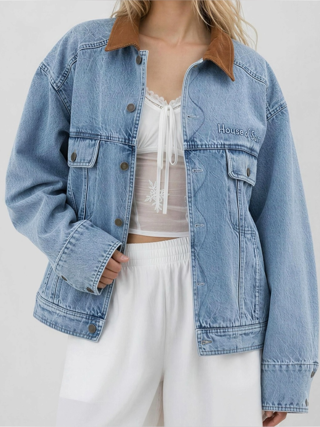 House Of Sunny Western Jacket W/ Corduroy Collar, Medium Wash, Medium
